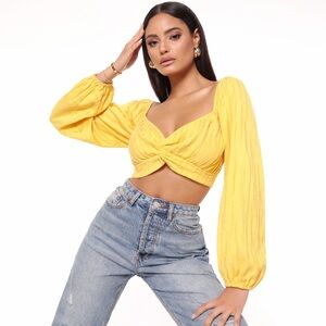 Yellow Twist Front Long Sleeve Crop Top (So Soft!)